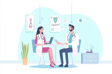 A doctor and patient engage in a consultation at a modern medical office, featuring a laptop, medical charts, and a calming atmosphere.