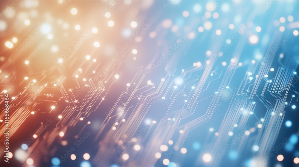Poster Abstract digital circuit board with glowing nodes and lines, warm and cool color tones.