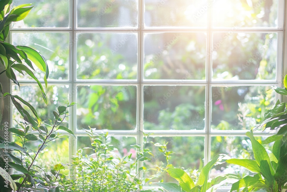 Aufkleber bright garden view through a large window with lush greenery and sunlight filtering inside. generati