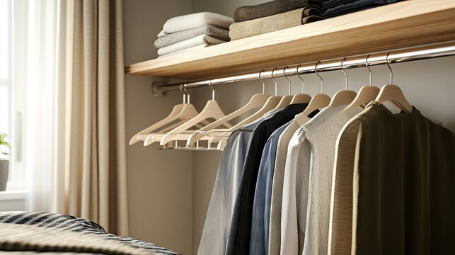 A smart wardrobe system with tiered rods, each holding matching empty hangers.