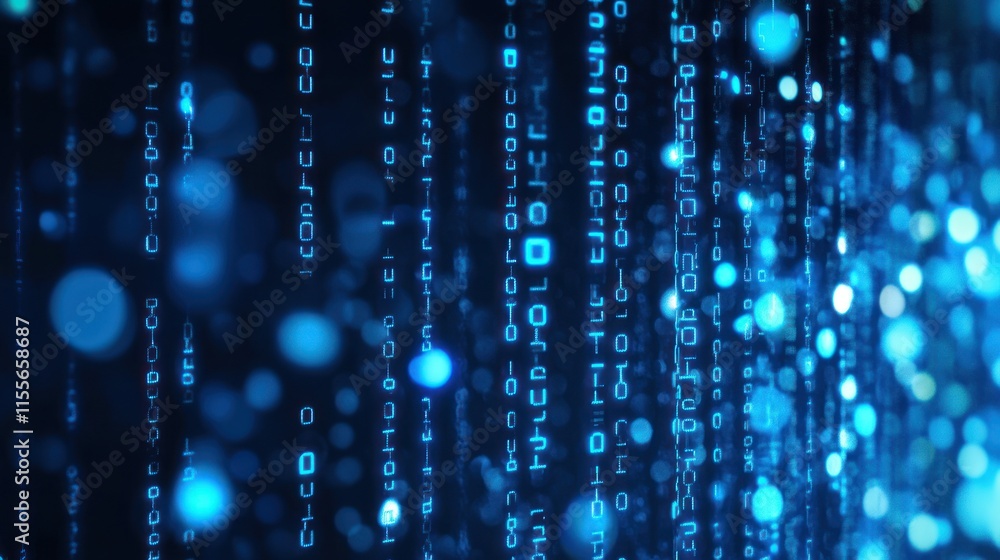 Leinwandbilder Abstract blue digital rain background with binary code and bokeh effects.