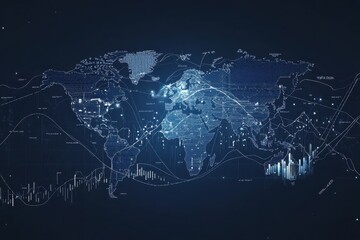A digital world map with glowing lines and data visualizations, representing global connectivity and technology.