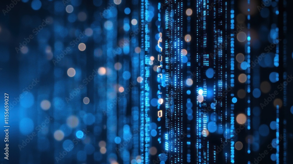 Poster Abstract blue digital data stream with bokeh lights.