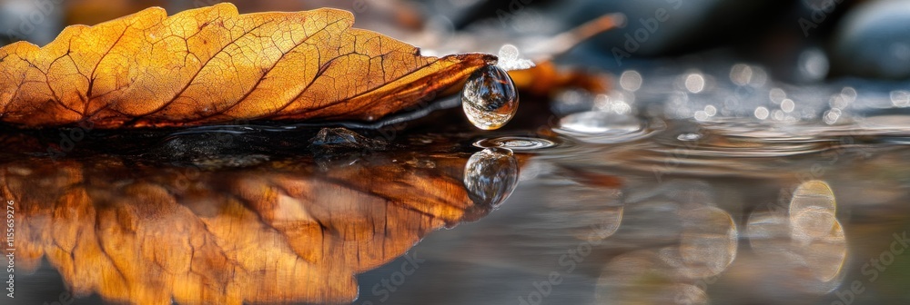 Poster autumn leaf resting on water with a droplet, reflecting in the still surface.