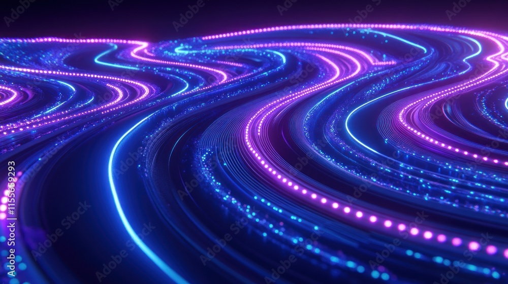 Poster Abstract glowing neon light trails forming wavy lines and particles in dark background.