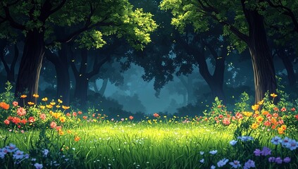 Enchanting Forest Meadow: Vibrant Flowers Underneath a Canopy of Trees