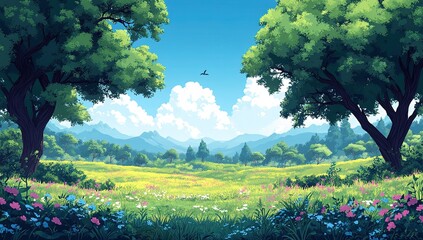 Enchanted Meadow with Lush Landscape and Mountains