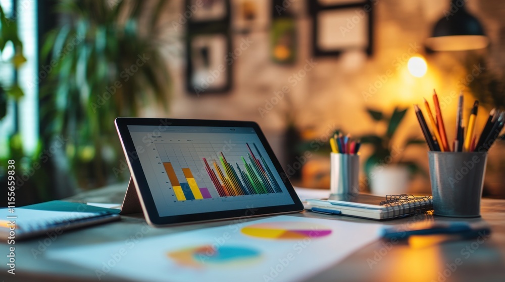 Poster Tablet displaying colorful graphs on a desk with stationery.