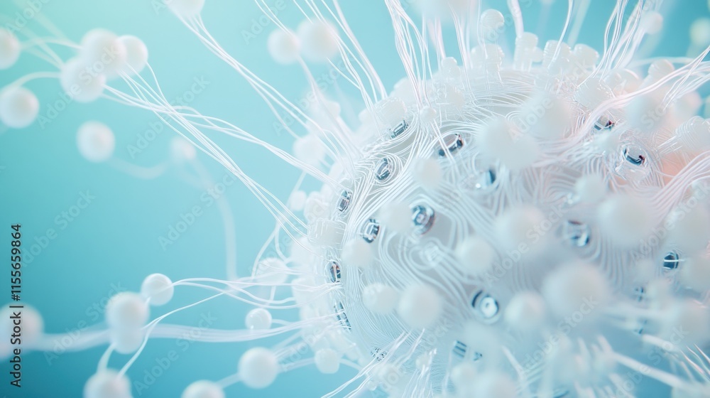 Fototapete abstract 3d rendering of a complex, organic structure with white filaments and spheres on a teal bac