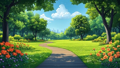 Serene Park Path Leads to Cityscape on a Sunny Day
