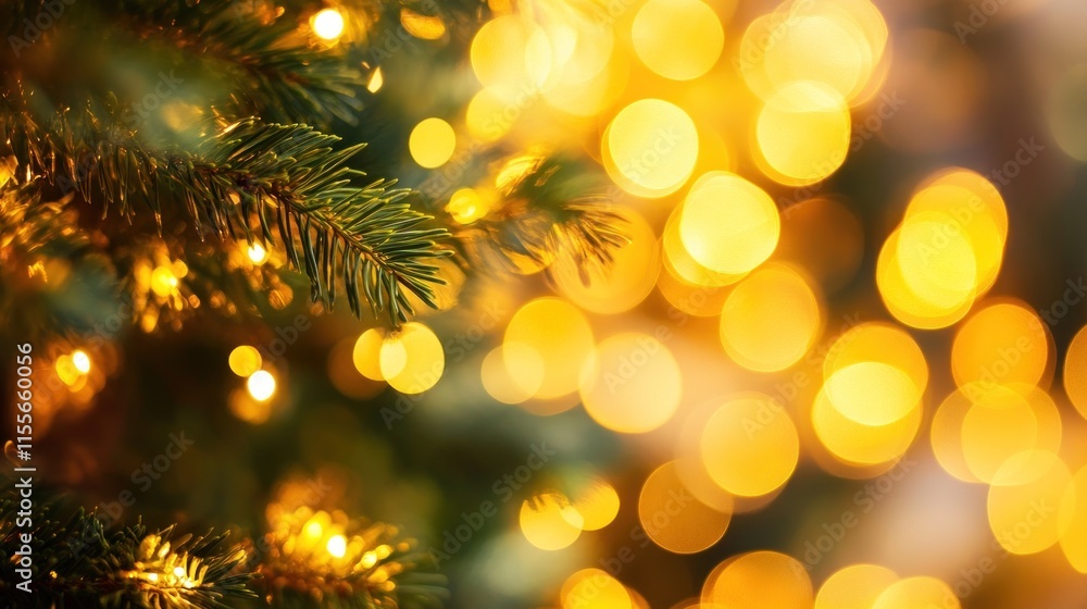 Aufkleber close-up of illuminated christmas tree branch with blurred golden bokeh lights.