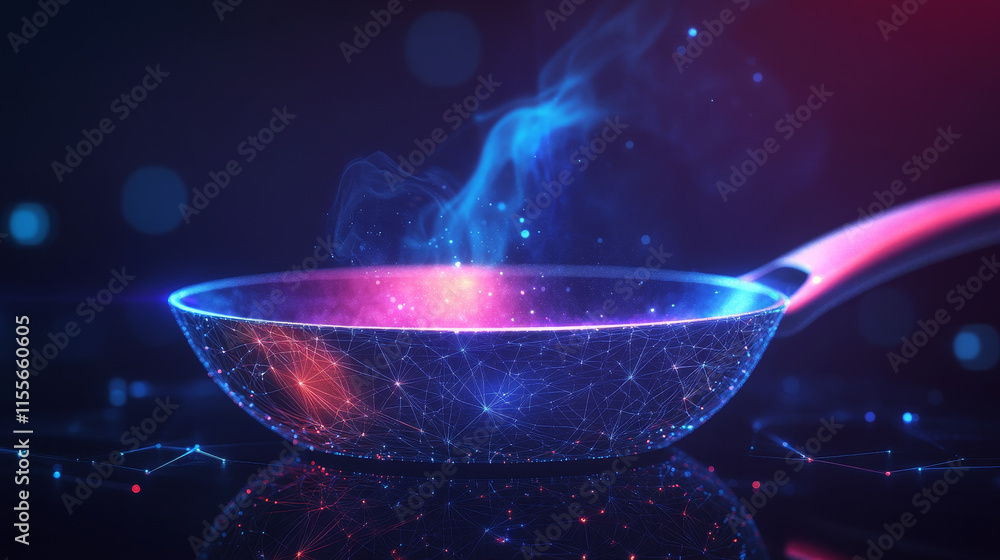 Poster hologram frying pan. frying pan made of polygons, triangles, dots, and lines. low-poly frying pan st
