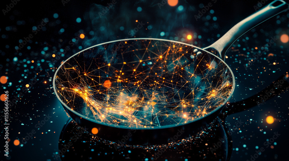 Poster hologram frying pan. frying pan made of polygons, triangles, dots, and lines. low-poly frying pan st