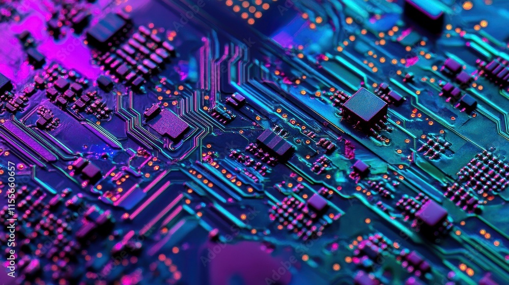 Poster close-up of vibrant purple and teal circuit board with integrated circuits and microchips.
