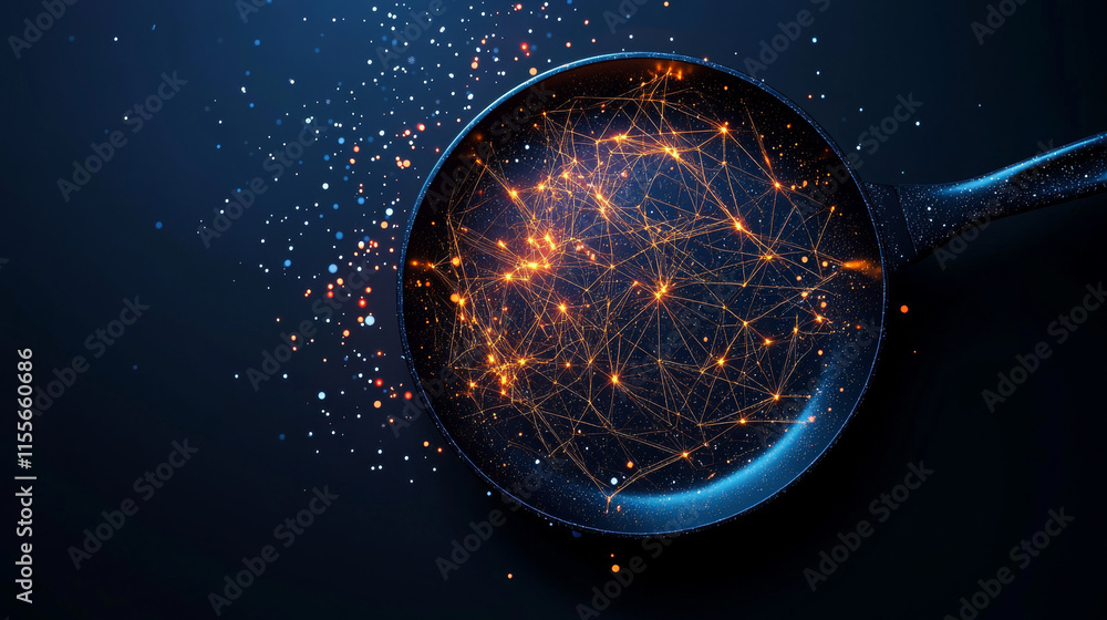 Poster hologram frying pan. frying pan made of polygons, triangles, dots, and lines. low-poly frying pan st