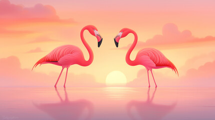 Fototapeta premium A pair of flamingos wading in a serene salt flat during sunrise, the pink and orange hues of the sky reflected in the water, creating a dynamic and tranquil scene