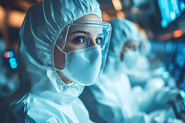 Medics in protective suits diligently work to ensure safety in the lab. Generative AI