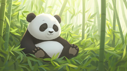 Obraz premium A panda peacefully sitting in a bamboo forest, surrounded by vibrant green stalks, with soft rays of sunlight filtering through the canopy