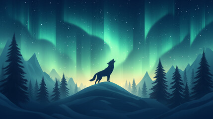 Fototapeta premium A single wolf standing atop a snowy hill, howling under a vivid aurora borealis, with snow-covered pine trees framing the scene