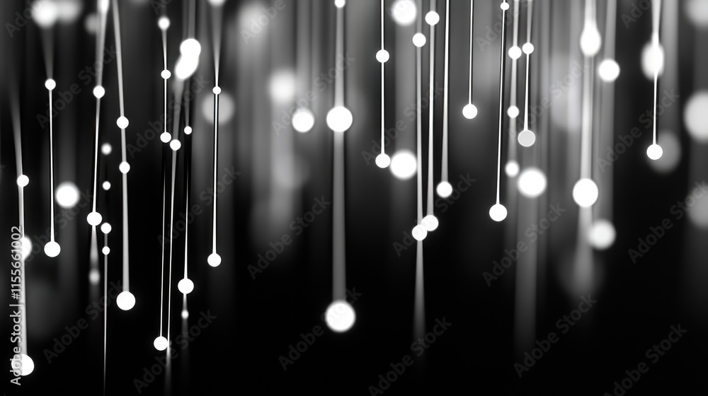 Poster abstract black and white background with glowing lines and orbs, resembling hanging lights or fallin
