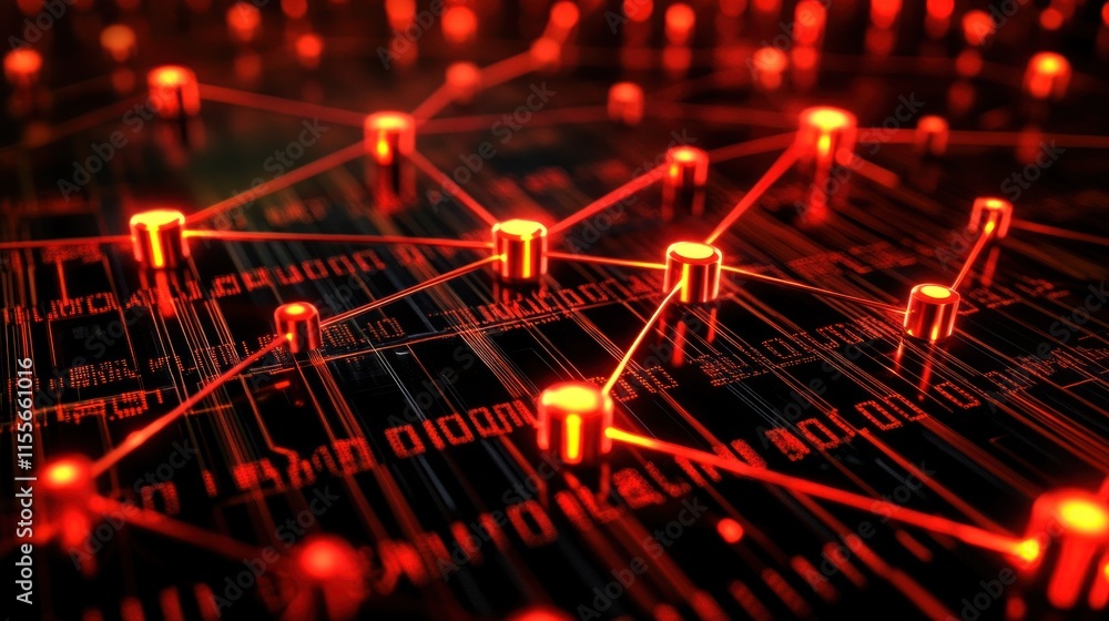 Poster Red glowing network nodes connected by lines on a dark background.