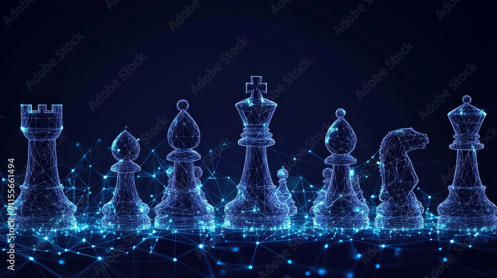 Poster hologram chess. chess made of polygons, triangles, dots, and lines. low-poly chess structure of conn
