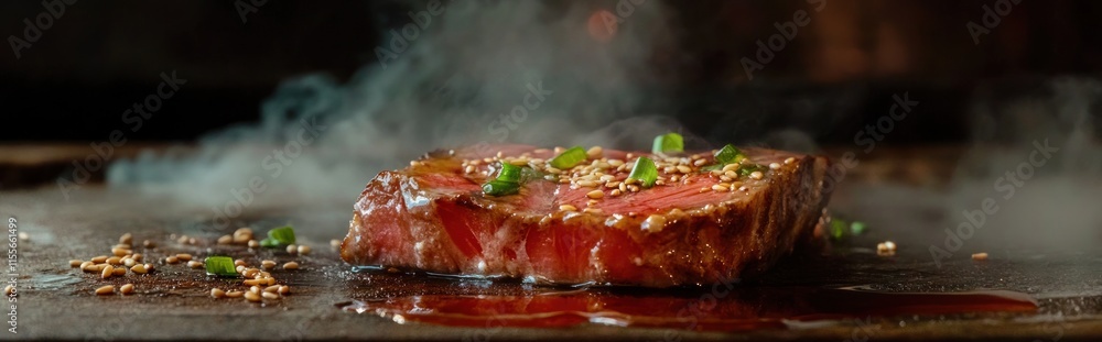 Poster Steaming hot grilled beef steak with sesame seeds and green onions on a dark wooden surface.