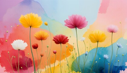 Vibrant Cosmos Flowers Watercolor Rainbow Background