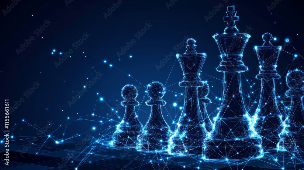 Poster hologram chess. chess made of polygons, triangles, dots, and lines. low-poly chess structure of conn