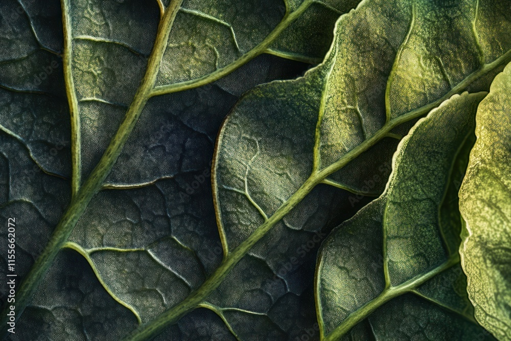 Poster close-up of textured, overlapping green leaves with visible veins and shadows.