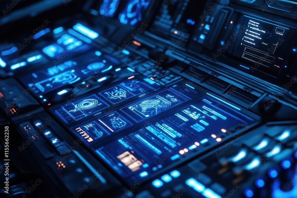 Poster Futuristic control panel with glowing blue screens displaying data and graphs.