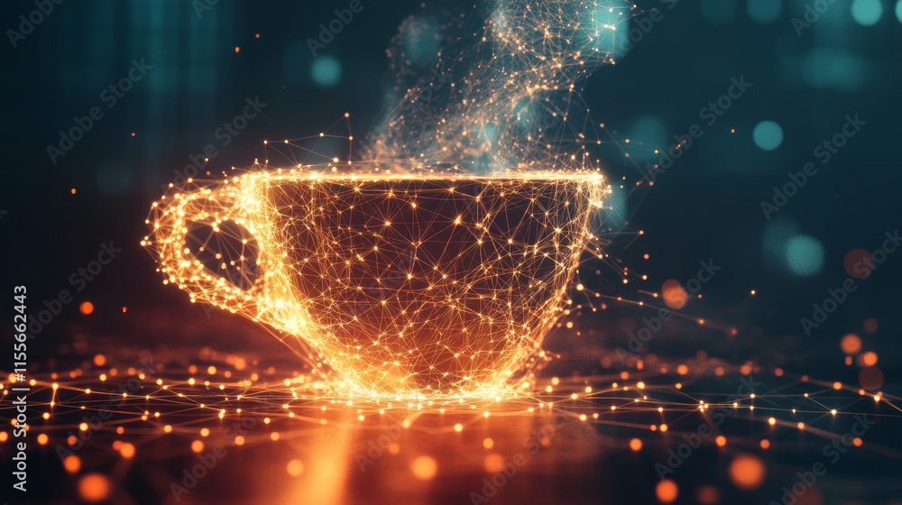 Poster a hologram of coffee. coffee in a cup of polygons, triangles of points and lines. coffee cup is low-