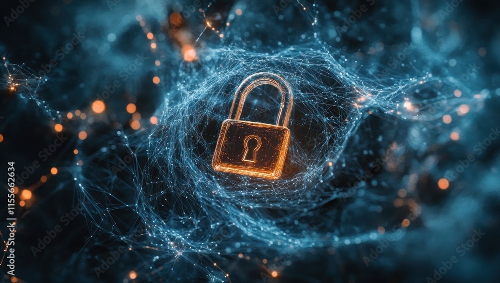 Aufkleber Glowing padlock secured within a digital network, symbolizing cybersecurity and data protection.