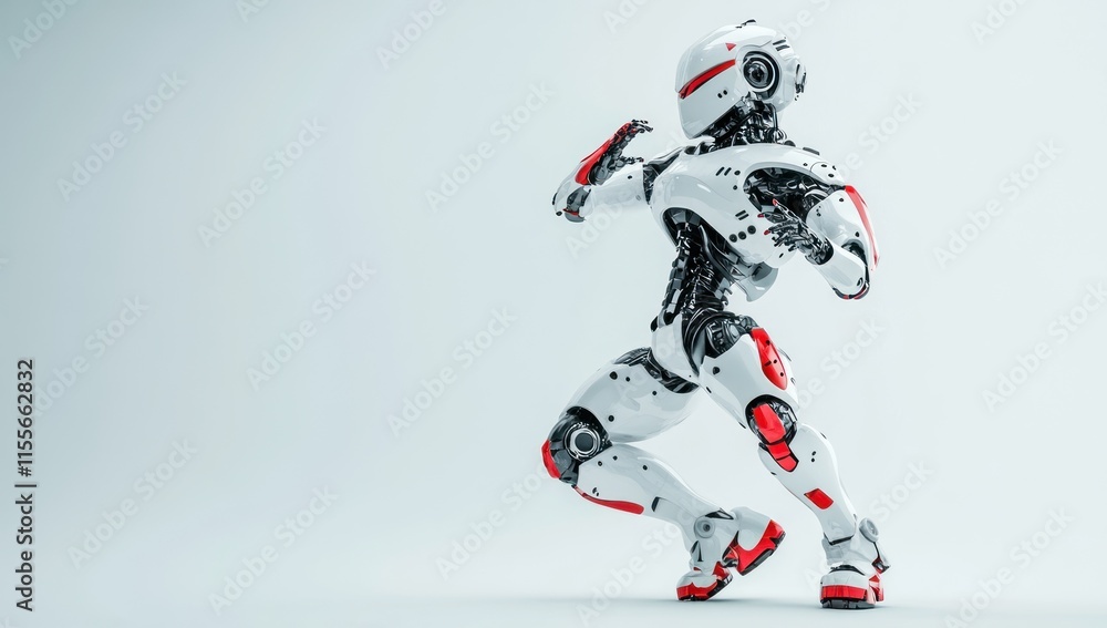 Poster futuristic white and red robot in dynamic pose, back view against light background.