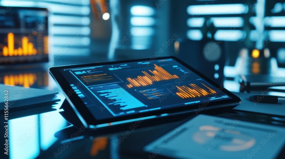 Poster Futuristic tablet displaying data analytics graphs and charts on a sleek desk.