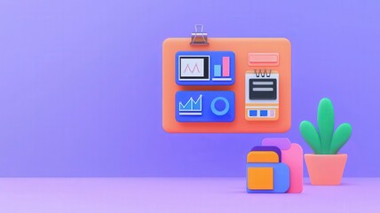 milestone and goal concept. Colorful digital workspace with graphs, charts, and a plant against a purple background.