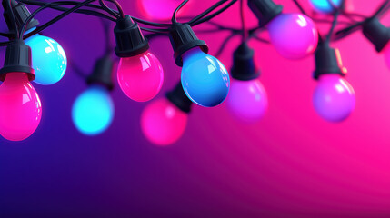 Pink and blue string lights on gradient background. Party decoration content