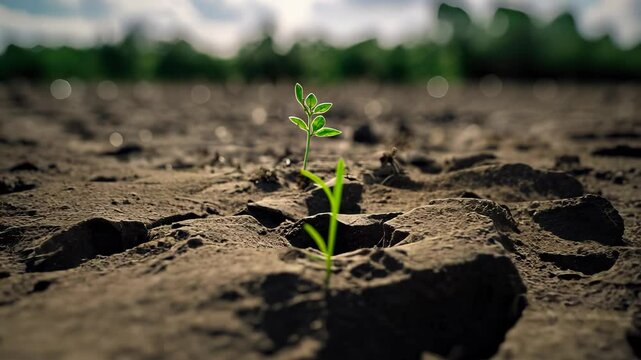 Small green seedling sprouting in cracked dry soil under sunlight

