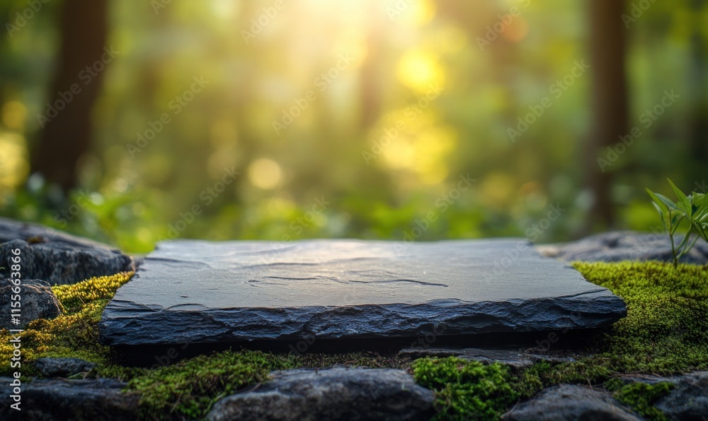 Poster dark slate stone platform on mossy rocks with sunlit forest background.