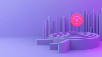 milestone and goal concept. 3D maze design with a WiFi symbol, set against a purple gradient background.