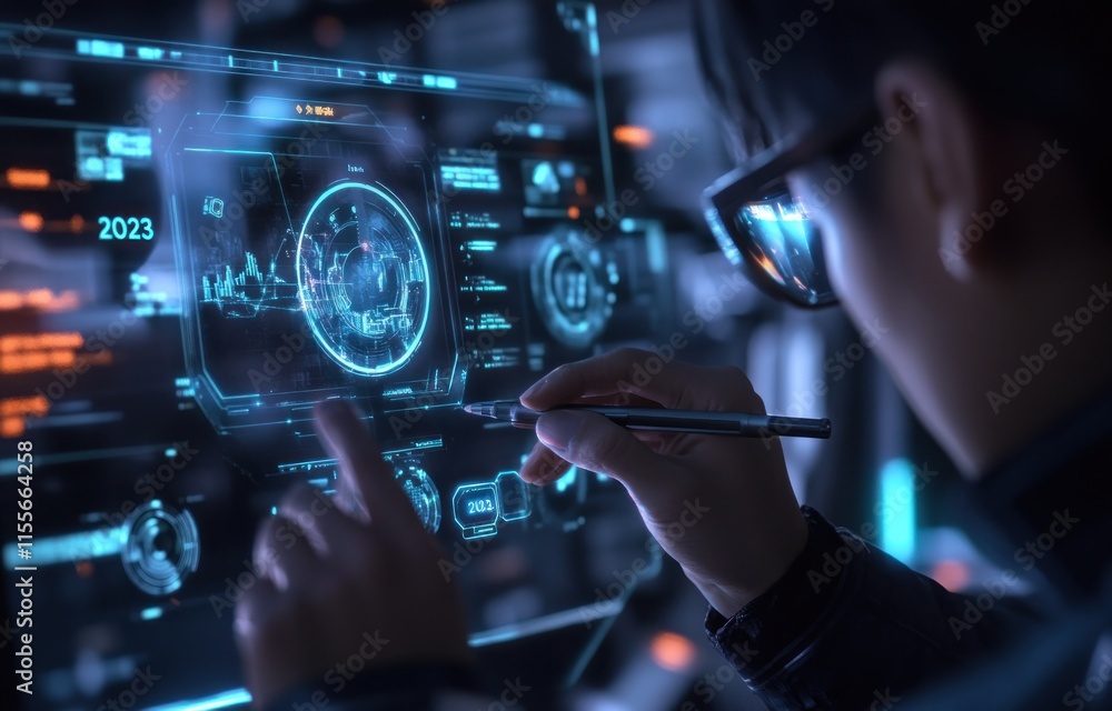 Aufkleber Person interacts with futuristic holographic interface displaying data analytics.