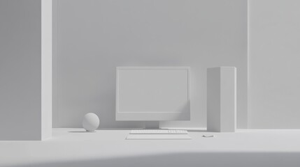 Minimalist white desktop computer setup in a bright room.