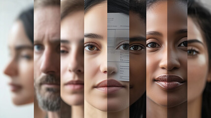 Diverse group of people with thoughtful expressions, surrounded by questionnaires and charts, symbolizing consumer survey insights and market research analysis.