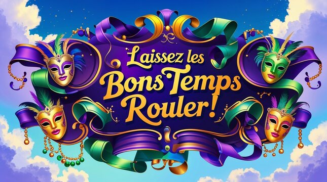 Vibrant Mardi Gras themed illustration with "Laissez les Bons Temps Rouler!" text
