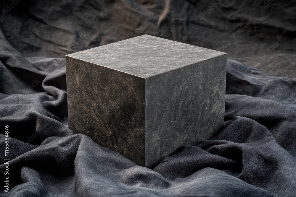 Poster dark gray cube on crumpled fabric.