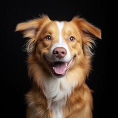 Happy golden dog portrait against black background