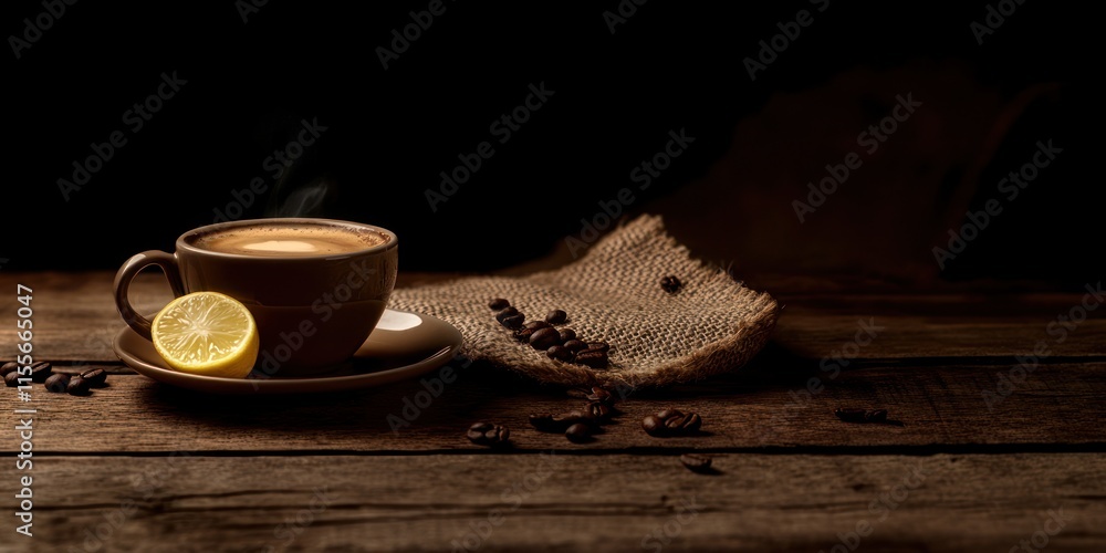Poster steaming cup of coffee with lemon slice on rustic wooden table. (1)
