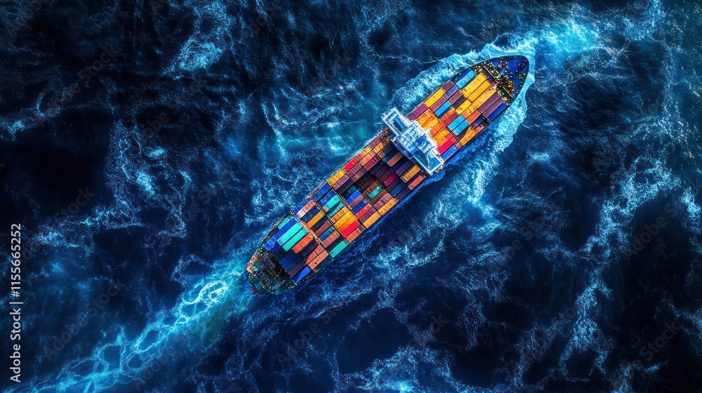 Poster aerial view of a container ship sailing on a rough sea at night.