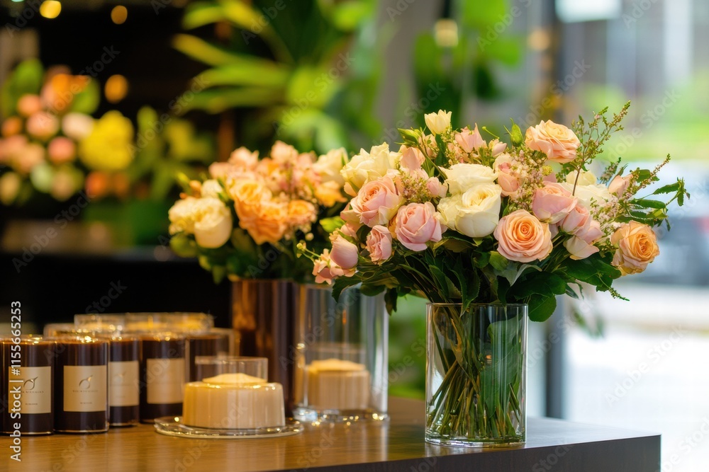Poster stylish storefront display featuring elegant flower arrangements in glass vases with decorative cand