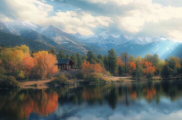 Fototapeta premium Scenic Autumn Landscape with Colorful Foliage, Peaceful Lake, Majestic Mountains, and Cozy Cabin in the Background During a Sunny Day in Nature
